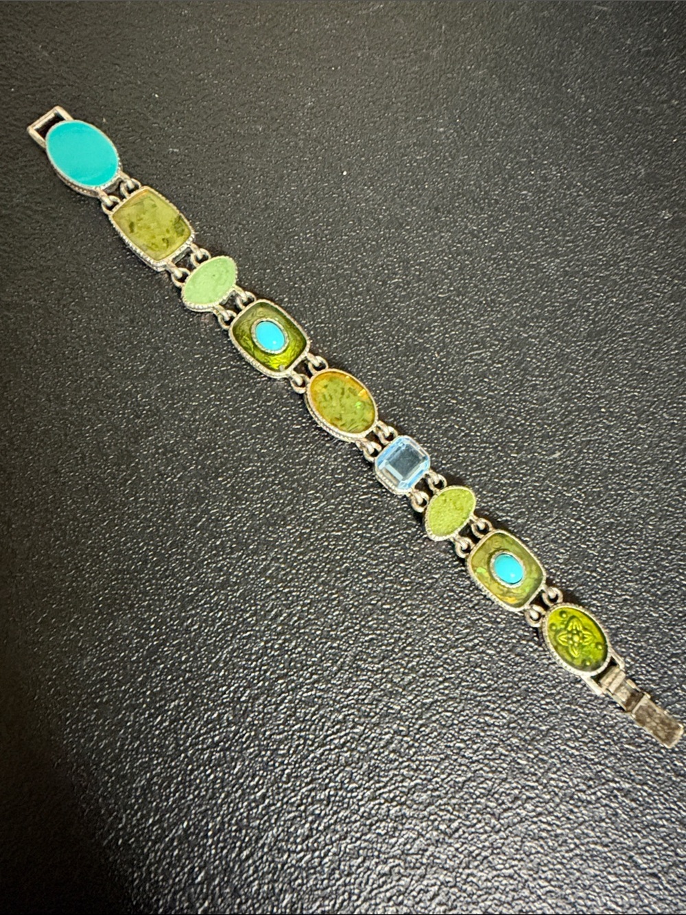 Silver Tone Green Enamel and Turquoise Multi-Stone Bracelet